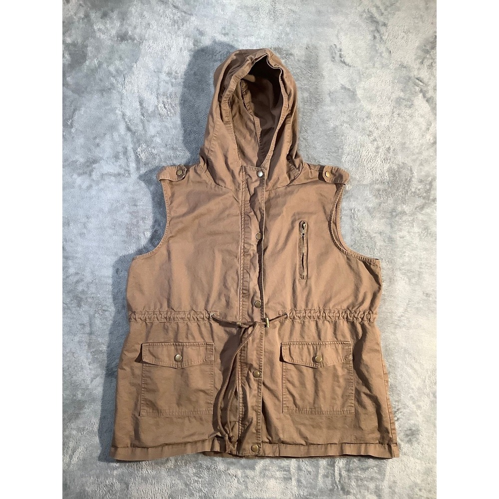 Zenana Women's Plus Size 2X Brown Hooded Utility Vest Sleeveless Jacket Cotton